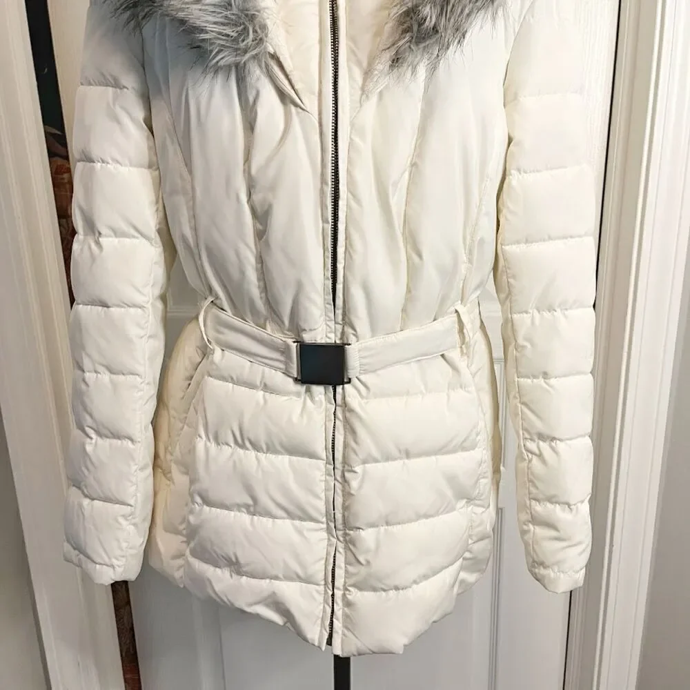 Bar III Quilted Puffer Faux Fur Hooded Belted Lined Pocket Parka Coat - Picture 11 of 16